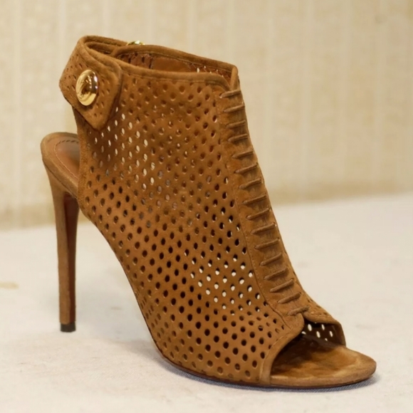 1000$ LOUIS VUITTON LV brown perforated suede open toe heels shoes 38.5 us8.5 - Picture 3 of 8